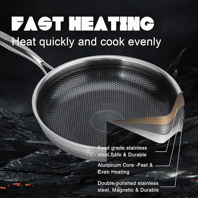 Hybrid 12 inch Stainless Steel Non Stick Skillet,Frying Pans Nonstick, PFOA Free Cookware, Dishwasher and Oven Safe, Induction Compatible