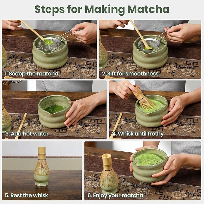 Matcha Whisk Set 7pcs, Japanese Macha Making Kit - 17oz Bowl with Spout, Bamboo Whisk, Chasen Holder, Scoop, Scoop Rest, Stainless Steel Sifter & Towel, Tea Gift Tools for Starter & Enthusiasts, Green