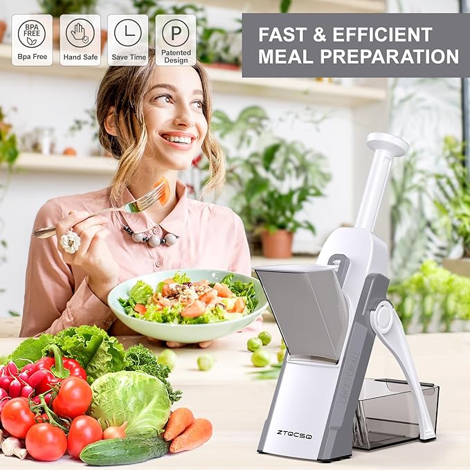 Safe Mandoline Slicer for Kitchen, Meal Prep, Potato Slicer, Adjustable/Easy to Clean/Storage, Kitchen Chopping Artifact, French Fry Cutter, Paring Knife/Cleaning Brush (only Slice, LightGray)