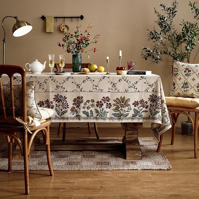 patdrea Designer Linen French Small Tablecloth for Rectangle Table,Fall Country Breathable Floral Tablecloths,Table Cover for Kitchen Dining,Tea Party,Christmas,Thanksgiving,55"x71"-Oliveirad