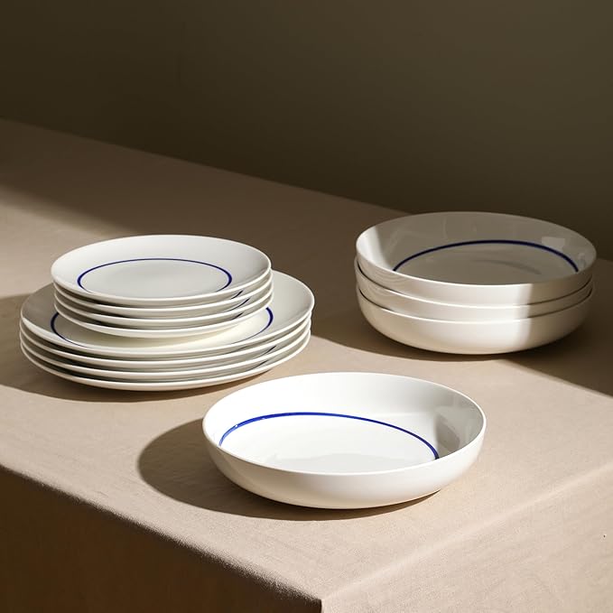 Stone Lain Luna 12-Piece Porcelain Dinnerware Set, Plates and Bowls Set, Dish Set for 4, Blue