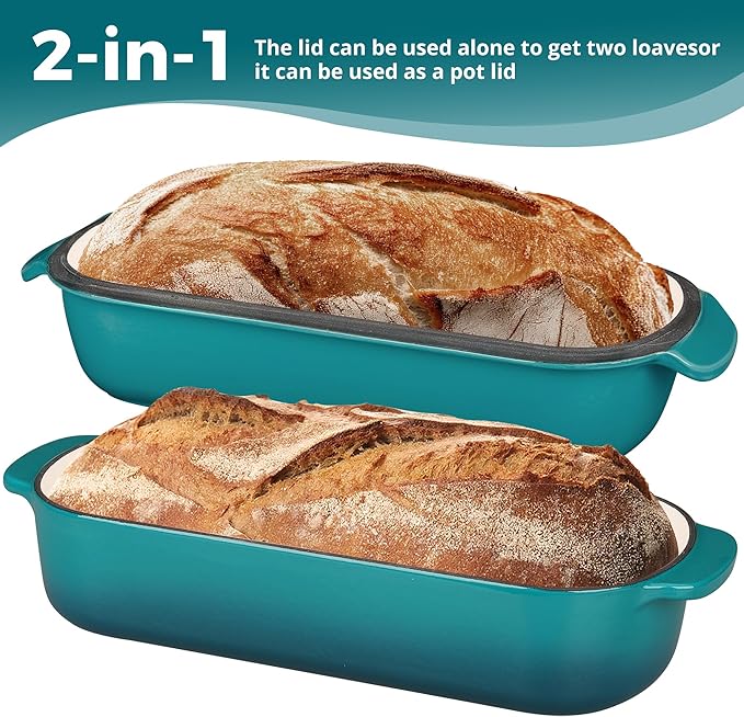 Enameled Cast Iron Loaf Pan with Lid, Dutch Oven Bread pan for Homemade Sourdough Bread Baking, 12.5x5.5 inch, 5qt, Darkcyan