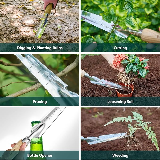 Berry&Bird Gardening Hand Tool Set - 3PCS Stainless Steel Garden Tool Kit Multifunctional Tool with Wooden Handle Trowel, Fork & Weeder for Weeding Planting Transplant, Ideal Garden Gift for Women&Men