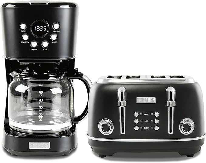 Haden Heritage 4 Slice Wide Slot Stainless Steel Toaster Bundled with 12 Cup Programmable Drip Coffee Maker Coffee Machine, Black & Chrome