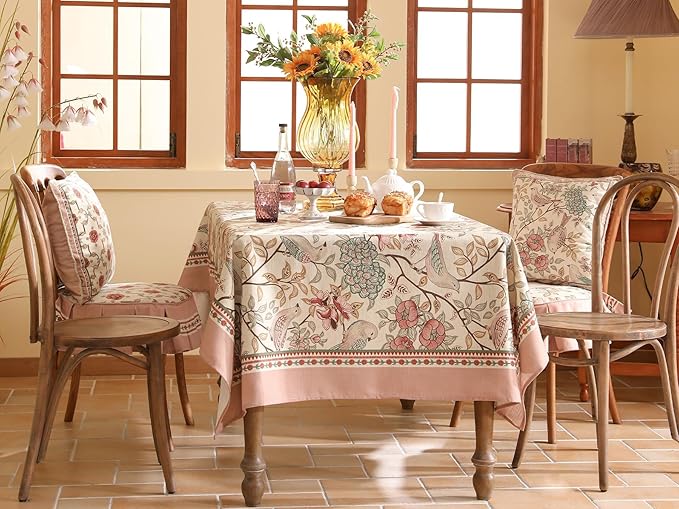 patdrea Designer Pink Linen Table Cloth for Sqaure Table,French Tablecloth with Birds Pattern,Small Colorful Decoration Cover for Kitchen Dining,Christmas,Party,Thanksgiving,55"x55"-Kulom a