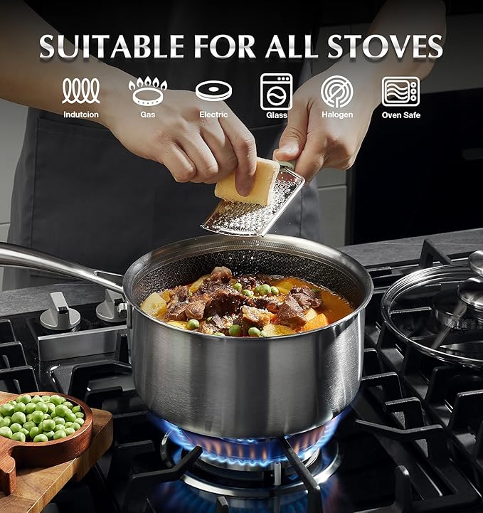 KOCH SYSTEME CS Hybrid Nonstick Stainless Steel Saucepan, 2 Quart Tri-Ply Stainless Steel Sauce Pan with Nonstick Honeycomb Interior, Hybrid Sauce Pan with Lid, Small Steel Pot, Induction Compatible