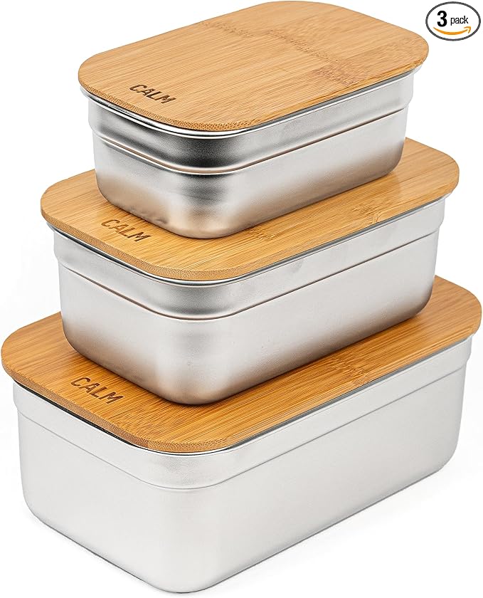 Stainless Steel Food Containers with Bamboo Cutting Board Lids | Set of 3 Reusable Meal Prep Boxes | Airtight Leak-Resistant | Dishwasher Safe | BPA-Free | 2, 4, 6 Cup Sizes