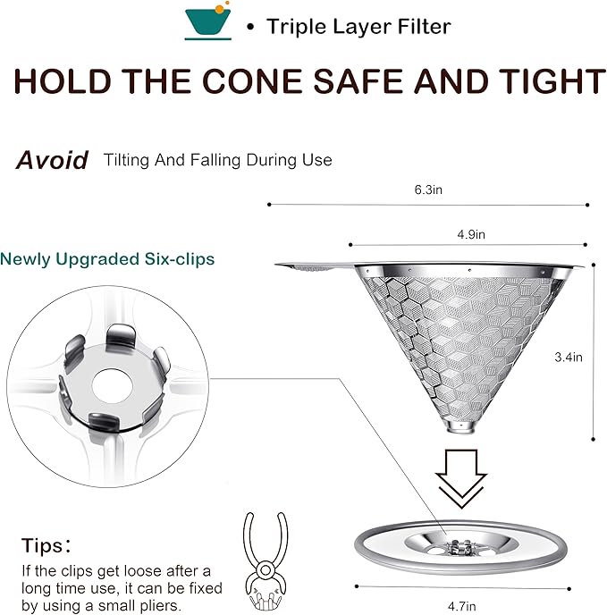 Pour Over Coffee Dripper, Triple Layer Stainless Steel Pour Over Coffee Dripper, Portable Coffee Maker With Detachable Cup Stand, 2-4 Cup Paperless Reusable Pour Over Coffee Filter Non-plastic