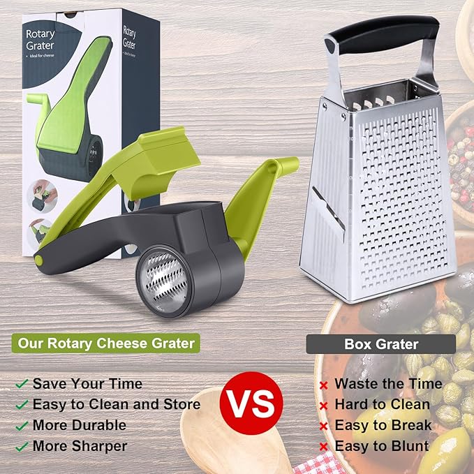 Boao Rotary Cheese Grater Manual Handheld Cheese Grater with Stainless Steel Drum for Grating Hard Chocolate Nuts Kitchen Tool(Gray Green)