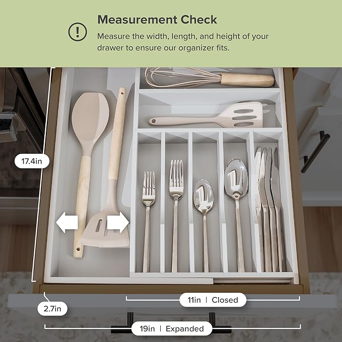 KitchenEdge Premium Silverware, Flatware and Utensil Organizer for Kitchen Drawers, Food-Safe Contract Grade, Expandable from 10.5 to 19 In, Gray Bamboo