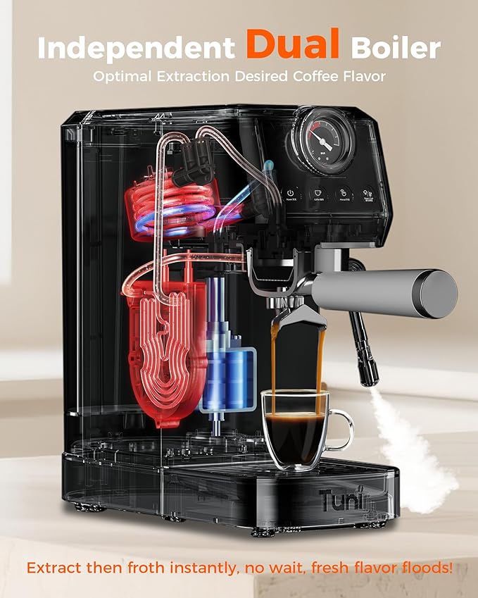Tuni E2 58mm Espresso Machine 20Bar, Dual Boiler Espresso Maker with 10mm Steam Milk Frother, Semi-automatic Coffee Machine with UKLA Pump for Espresso,Cappuccino, Gift for Coffee Lover