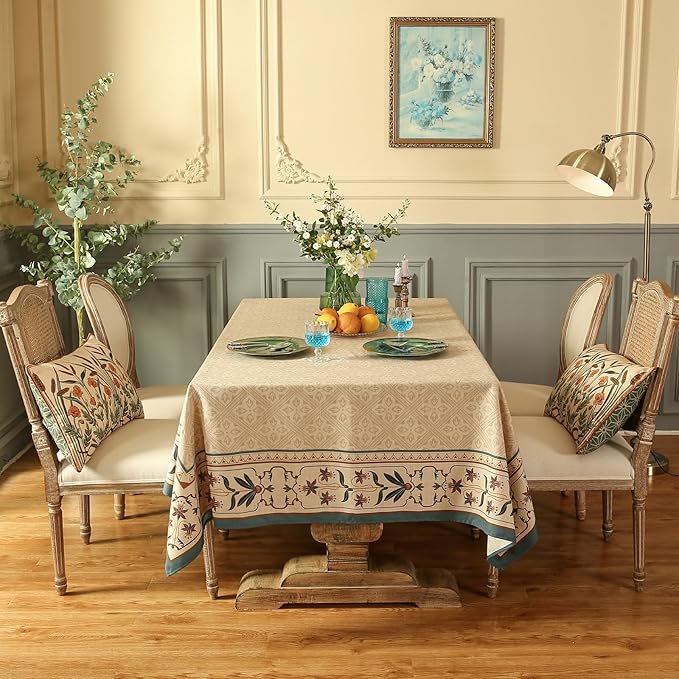 patdrea Designer French Small Rectangular Tablecloth,Beige Anti-Wrinkle Durable Floral Farmhouse Table Cloth,Decor Tables Covers for Kitchen Dining,Tea Party,Christmas,Thanksgiving,55"x71"-Fram