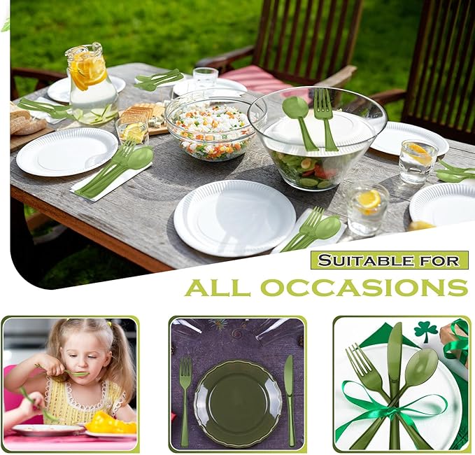 Minatee 150 Pieces Disposable Cutlery Set Plastic Silverware Heavy Duty Utensil Sets 50 Forks 50 Knives 50 Spoons for Home Office School Party Picnics Restaurant Outdoor Events(Olive Green)