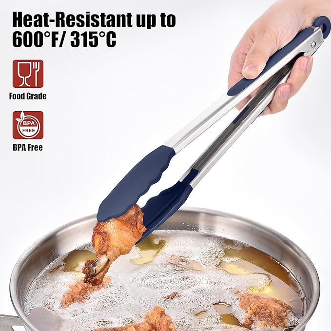Doosu Kitchen Tongs for Cooking - 600°F Heat Resistant Food Tong Set with Non-Scratch Silicone Tips, Heavy Duty Stainless Steel Locking Tong for BBQ, Grilling Steak, Serving Salad (9+12in, Navy Blue)