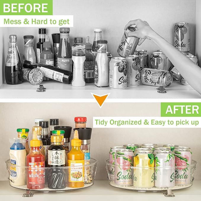 2 Pack Lazy Susan Cabinet Organizer with Handle 12 inch, Clear Spinning Lazy Susan Turntable for Pantry, Kitchen Sink, Corner Cabinet, Bathroom, Countertop, Non-Skid Liners Included, Free Rotating