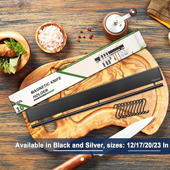 17 inch magnetic knife holder with 10 hooks, No Drilling black knife magnetic strip and utensil hanger for wall, Powerful knife magnet rack include tape and screws