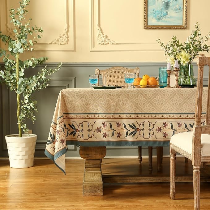 patdrea Designer French Linen Long Tablecloth for Rectangle Table,Beige Anti-Wrinkle Floral Farmhouse Table Cloth,Decor Covers for Kitchen Dining,Tea Party,Christmas,Thanksgiving,63"x94"-Fram
