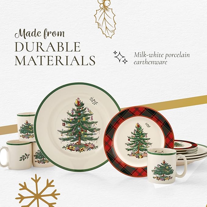 Spode Christmas Tree 16-Piece Tartan Dinnerware Set (Service for 4) - Festive Holiday Tableware with Plates, Bowls, Mugs - Porcelain Christmas Dinnerware - Microwave & Dishwasher Safe