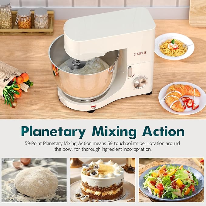COOKLEE Stand Mixer, 9.5 Qt. 660W 10-Speed Electric Kitchen Mixer with Dishwasher-Safe Dough Hooks, Flat Beaters, Wire Whip & Pouring Shield Attachments for Most Home Cooks, White