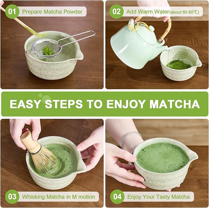 7Pcs Matcha Whisk Set - Matcha Bowl with Spout, Bamboo Whisk (Chasen), Holder, Stainless Sifter, Tea Scoop, Tea Towel, Scoop Rest. Full Japanese Ceremony Matcha Kit, Perfect Gift for Tea Fans (Green)
