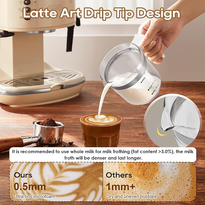 Milk Frother, 16.9 OZ Milk Frother and Steamer, 4 in 1 Electric Milk Frother Dishwasher Safe, Durable Silent Working Frother for Coffee, Hot and Cold Foam Maker, White Glass