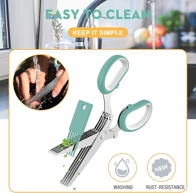 Updated 2025 Herb Scissors Set - Cool Kitchen Gadgets for Cutting Fresh Garden Herbs - Herb Cutter Shears with 5 Blades and Cover, Sharp and Anti-rust Stainless Steel, Dishwasher Safe (Blue-White)
