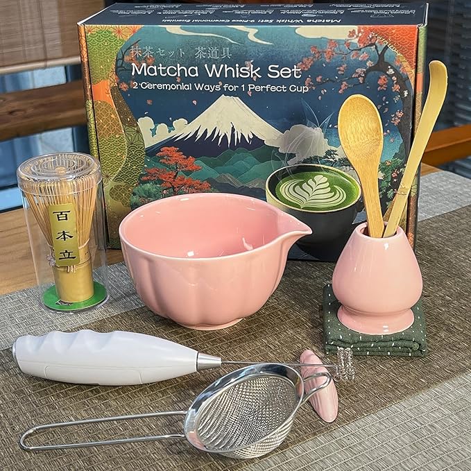Matcha Whisk Set Incl. Ceramic Bowl With Spout, Whisk (Chasen), Stand, Bamboo Scoop, Sifter, Electric Frother, Tea Towel etc. 9 Pcs Matcha Making Starter Kit, Pink