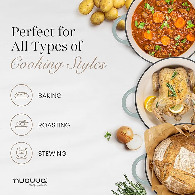 Nuovva Enamelled Cast Iron Dutch Oven Pot with Lid 6.4 Quart Non Stick Casserole Pot – Heavy Duty & Oven Safe up to 500° F for Bread Baking, Braising, Stews, Roasting – 28cm Sea Salt
