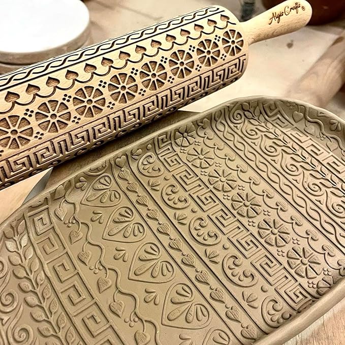 GREEK Embossing Rolling Pin. Laser Engraved Dough Roller with Cgreek Pattern for Embossed Cookies or Pottery by Algis Crafts