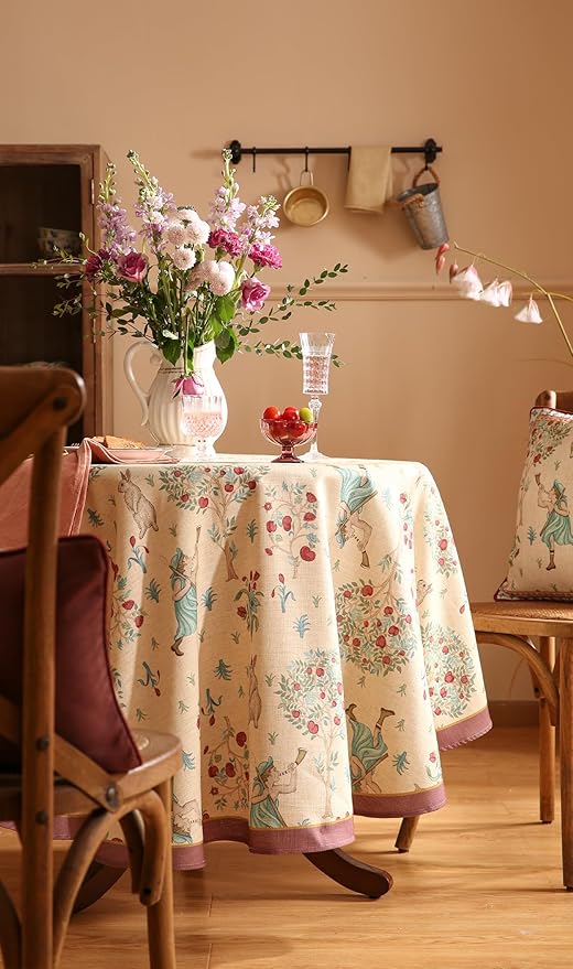 patdrea Designer Beige Tablecloth for Round Table,Vintage Italian Linen Trees Pattern Table Cloth,Decor Cover for Kitchen Dining Christmas,Thanksgiving,Tea Party,Diameter 55"-Tatiana a