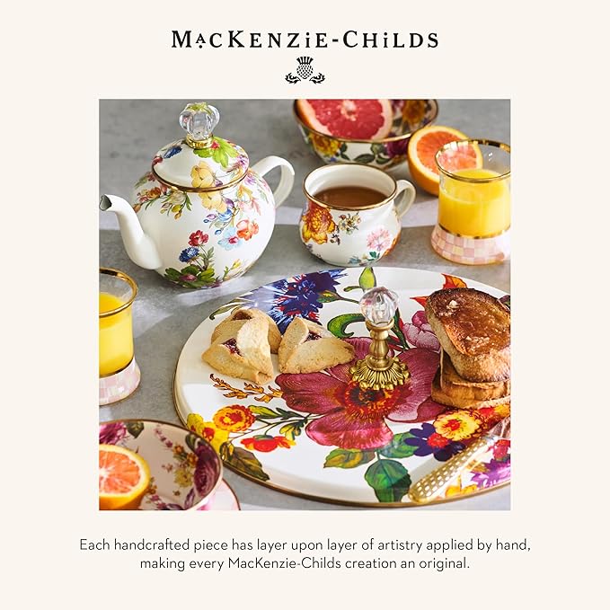 MACKENZIE-CHILDS Enamel Compote, Cute Enamel Pedestal Serving Dish or Decorative Bowl, Large, White Flower Market