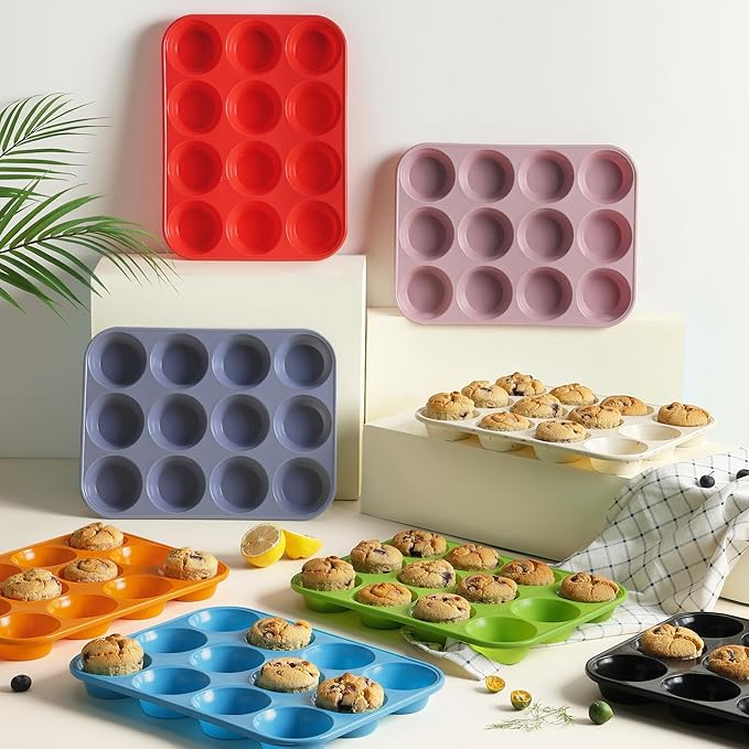 2 Pack 12 Cups Silicone Muffin Pan with Metal Reinforced Frame Regular Size Silicone Molds Cupcake Cake Baking Pans Cookie Baking Chocoflan Cupcake Mold Not Stainless Steel Ceramic Aluminum