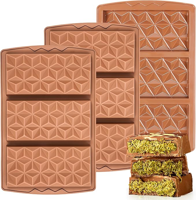 3 Pcs Deep Dubai Chocolate Bar Mold Large Stuffed Silicone Molds for Filling Knafeh Pistachio Chocolate Bar Thick Candy Molds Break Apart (Pyramid Shape)