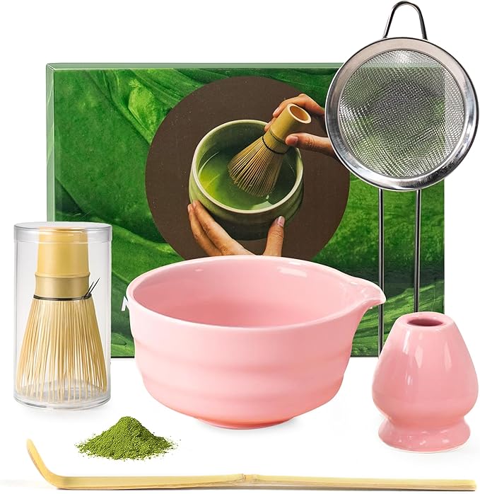 Pink Matcha Tea Set – Japanese Matcha Bowl with Spout, Bamboo Whisk, Scoop, Holder & Strainer – Complete Ceremonial Matcha Kit for Beginners & Gift-Giving