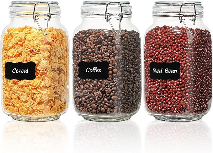ComSaf Airtight Glass Canister Set of 3 with Lids 50oz Clear Food Storage Jars Square, Kitchen & Pantry Organization Food Storage Container for Canning, Sugar, Flour, Pasta, Candy, Cereal, Coffee