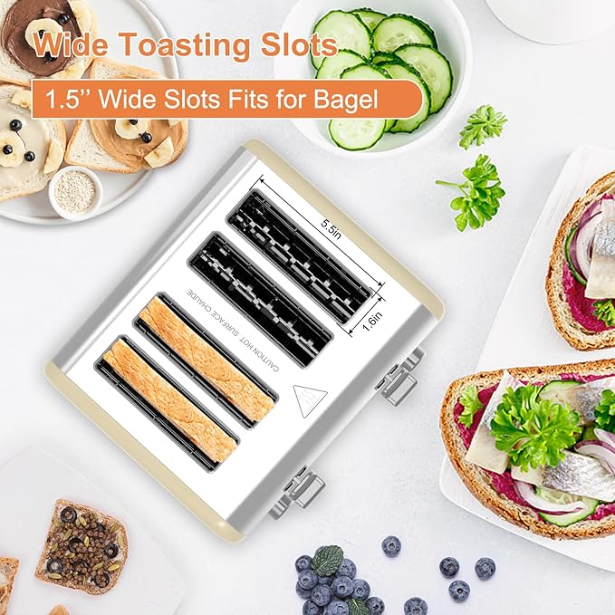 Toaster 4 Slice, KitchMix Bagel Stainless Toaster with LCD Timer, Extra Wide Slots, Dual Screen, Removal Crumb Tray (Cream)