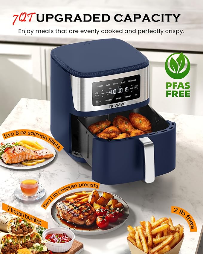 Nuwave Brio Plus 6-in-1 Air Fryer, 7-Qt Large Capacity, 50°F–400°F Precise Temp Control, Non-Toxic PFAS-Free Nonstick, Air Fry, Bake, Roast, Toast, Dehydrate, Reheat, 100 Presets, Dishwasher Safe