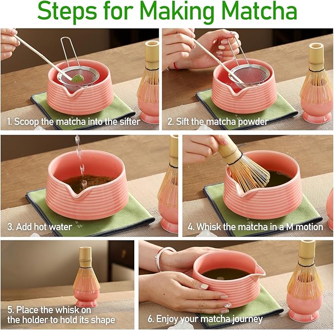 Matcha Whisk Set, Ceramic Matcha Set with Spout, Matcha Bowl Kit with Sifter, Whisk and Holder, Bamboo Scoop, Scoop Rest, Tea Towel, 7 Pcs Matcha Kit Set for Making Breakfast/Latte for Matcha Lovers