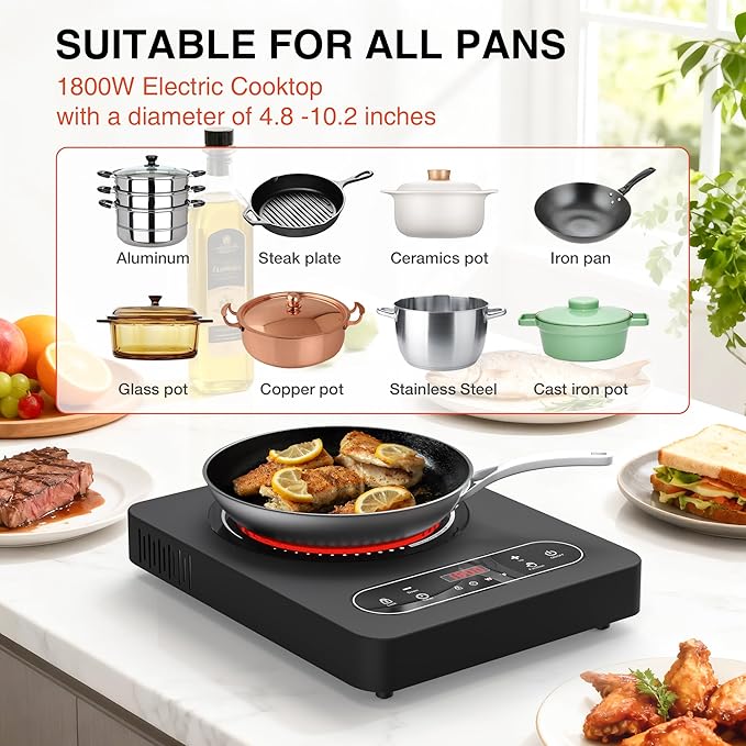Electric Cooktop 1800W: Single Burner Portable Electric Stove 110V with LED Touch Screen 10 Power Levels, Hot Plate with Child Safety Lock, Timer and Overheat protection, Compatible with All Cookware