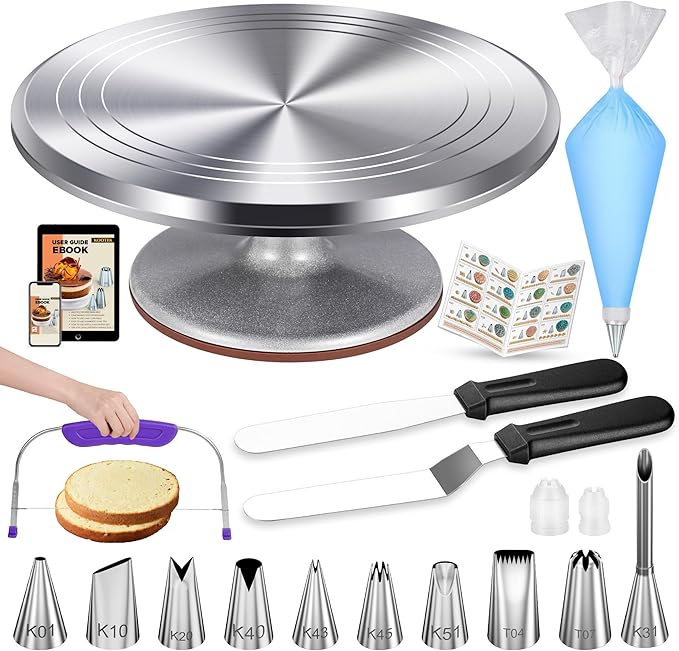 Kootek 51 Pcs Cake Decorating Kit, 12" Aluminum Alloy Cake Turntable, 10 Numbered Icing Tips, Offset and Straight Spatulas, Cake Leveler, Pastry Bags Baking Supplies