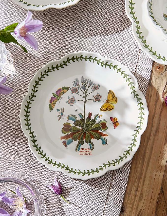 Portmeirion Botanic Garden Lotus Salad Plates, Set of 4 - Scalloped Rim, Butterflies Motif, 8.8" Floral Dinnerware Porcelain Dishes for Hosting, Entertainment