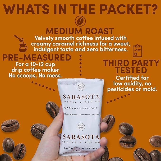 Sarasota Coffee Ground Packets | Gourmet Flavored Medium Roast Grounds Coffee Packs | Salted Caramel | Low Acid Mold Free Individual Single Pot Pouches for 12 Cup Coffee Maker | 2 Ounce Bags, 12 Count