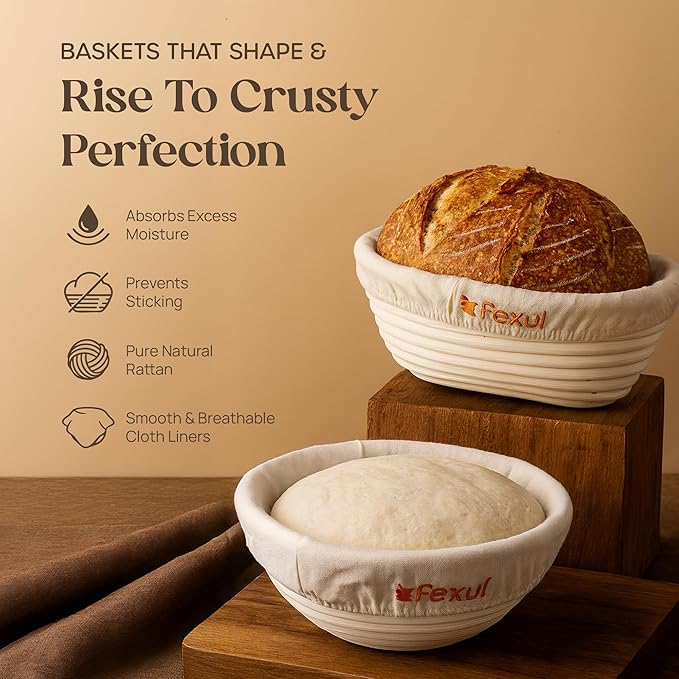 Sourdough Starter Kit with 9 Inch Banneton Bread Proofing Basket, 24oz Starter Jar & Recipe Book – Complete Sourdough Bread Baking Supplies Set with Dough Whisk & Scraper for Artisan Home Bakers