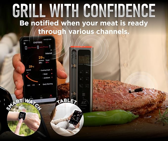 Wireless Meat Thermometer Digital BBQ Set, 5.3 Bluetooth and WiFi connectivity 800ft APP Control (iOS&Android) with Chef Knife, Fork, Meats Temperature Probe, Grilling, BBQ Gift for Men