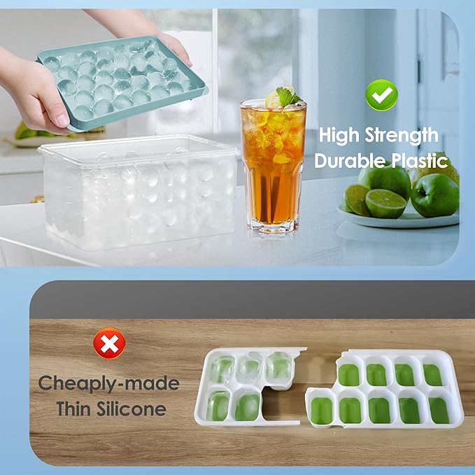 WIBIMEN Ice Cube Tray with Lid and Bin - Round Ice Trays for Freezer with Lid - Ice Cube Trays for Freezer with Ice Container (1"-2PACK Blue)