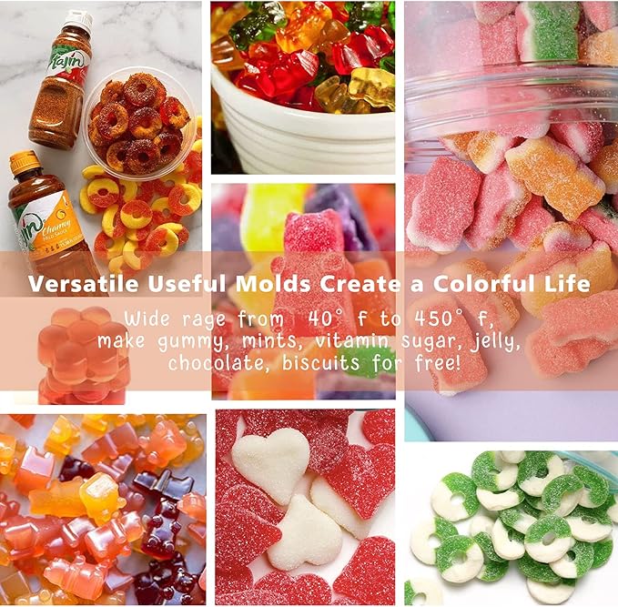 HKNMTT Gummy Bear Molds Silicone with Storage Box, Non-stick Chocolate candy Gummy Mold for Kid with 2 Droppers and Clean Brush Including Mini Dinosaur, Bear, Hearts and Mini Donut Shape 201 Cavities