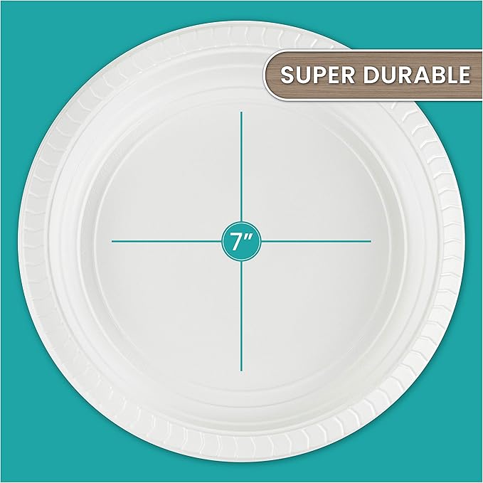 PLASTICPRO Round Plastic Plates And Bowls Microwaveable, Disposable, White, Dinnerware (800, 7'' Inch Plates)