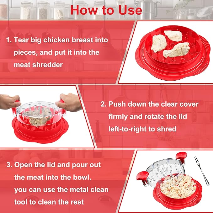 Chicken Shredder Large Chicken Breast Shredder Tool Twist with Brush&Fork, Visible Meat Shredder Machine, Anti-Slip Strip, Ergonomic Handle, BPA Free, Suitable for Pork Beef Chicken(Red)