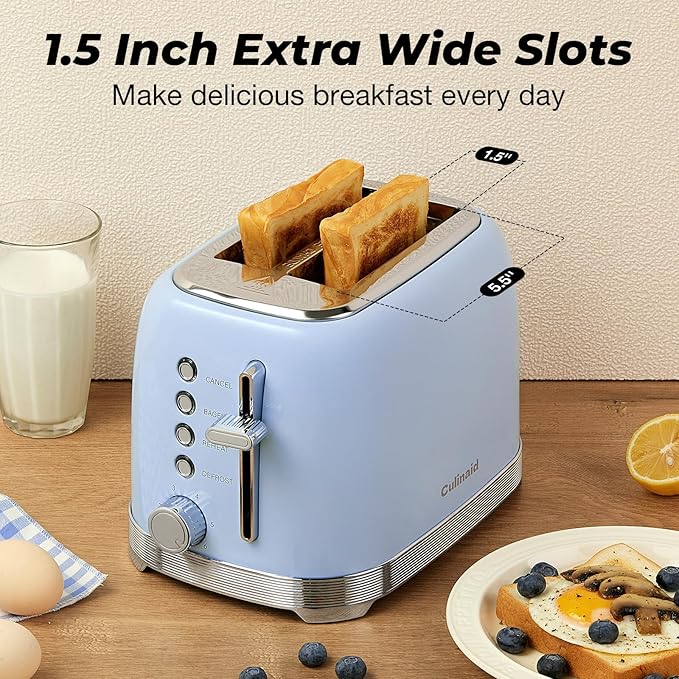Toaster 2 Slice Retro Stainless Steel with 1.5” Extra Wide Slots Bagel, Defrost, Reheat, Cancel Functions, 6 Bread Shade Settings, Removable Crumb Tray, Blue