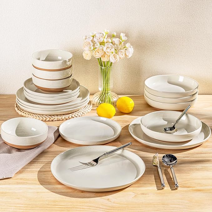 AmorArc Ceramic Dinnerware Sets with Pasta Bowls for 8, Handpainted Plates and Bowls Set with Rustic Terracotta Underside, Scratch Resistant Dishes Set, Dishwasher & Microwave Safe, 32 Pcs